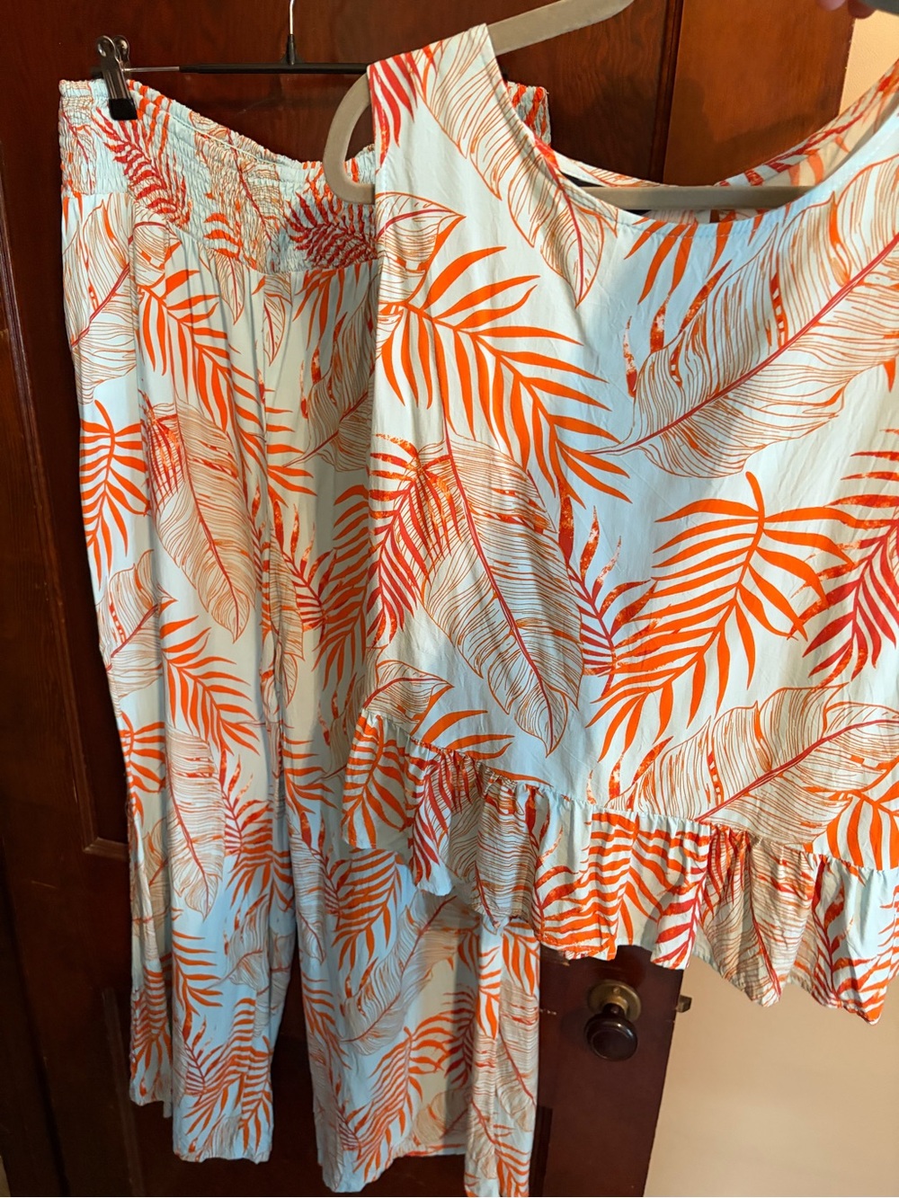 Tropical Orange Leaf Print Pant Set